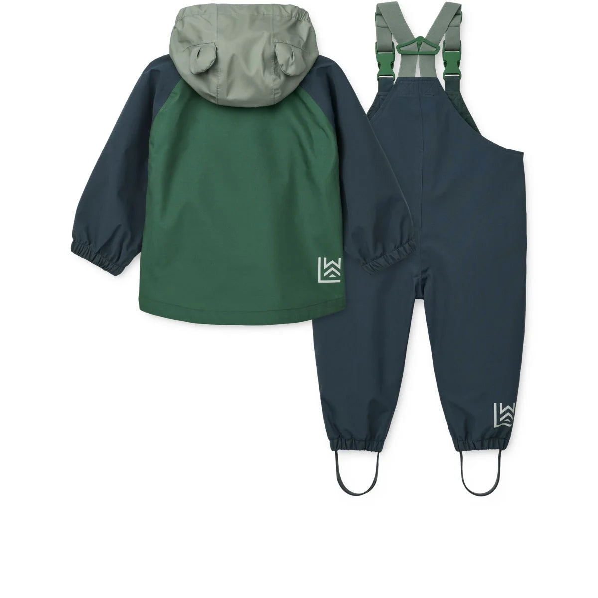Regenbekleidungsset manu play multi mix in dunkelgrün und marineblau mit grauer kapuze und bärchenohrendetails