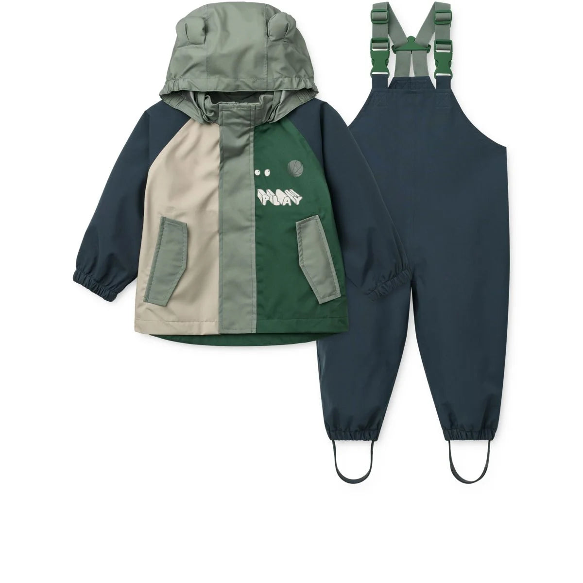 Kinder-Regenbekleidungsset Manu Play Multi Mix mit Regenjacke und Latzhose in Olivgrün, Marineblau und Beige mit Dino-Motiv