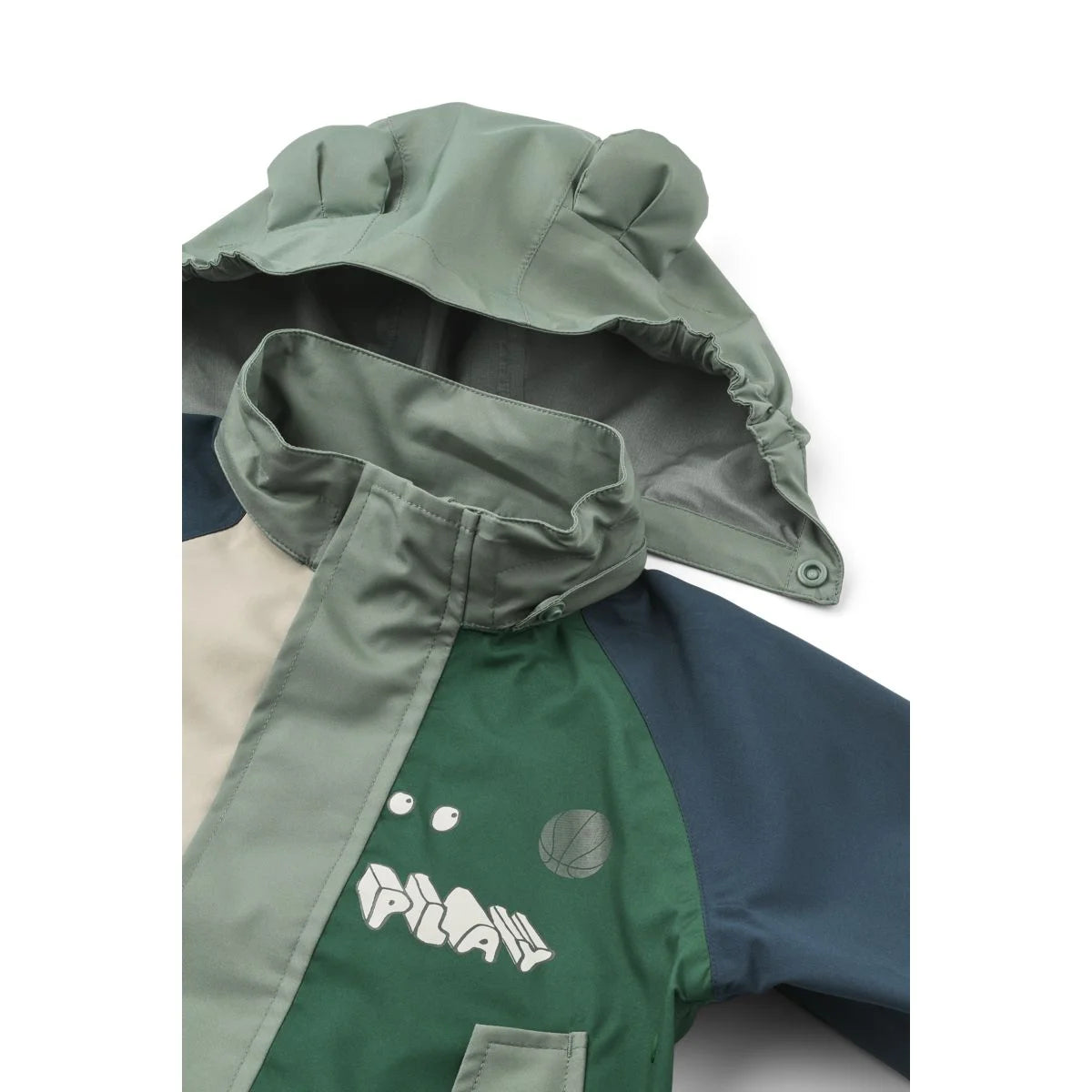 Regenbekleidungsset manu play multi mix kinder regenjacke in olivegrün und navyblau mit bärenohrenkapuze und weißem play-logo