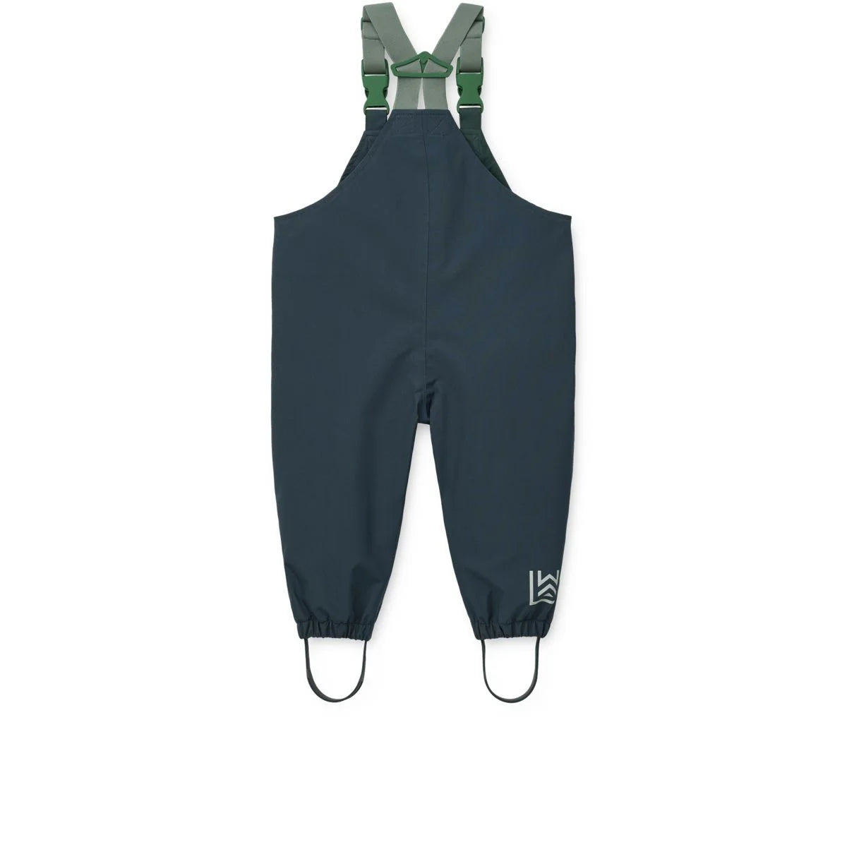 Dunkelblaue wasserdichte overalls regenbekleidungsset manu mit verstellbaren grünen trägern und elastischen bündchen