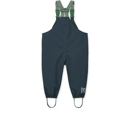 Dunkelblaue wasserdichte overalls regenbekleidungsset manu mit verstellbaren grünen trägern und elastischen bündchen
