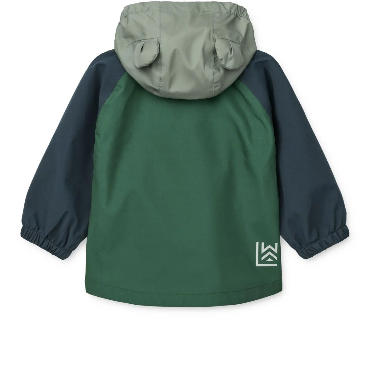 Grüne und marineblaue kinder regenjacke mit grauer kapuze und bärchenohren teil des regenbekleidungssets manu play multi mix