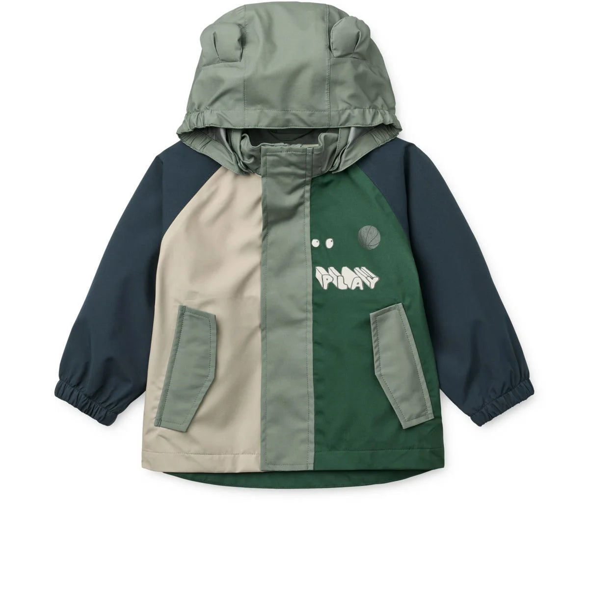Kinderregenjacke manu play multi mix mit bärenohren kapuze in dunkelblau beige waldgrün und grauen absetzungen