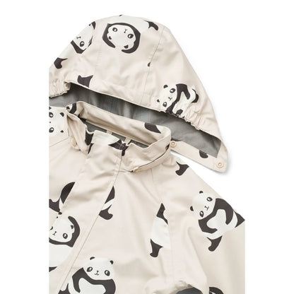 Beige Regenmantel mit schwarzen Panda-Motiven im Liewood Regenbekleidungsset PEDIA