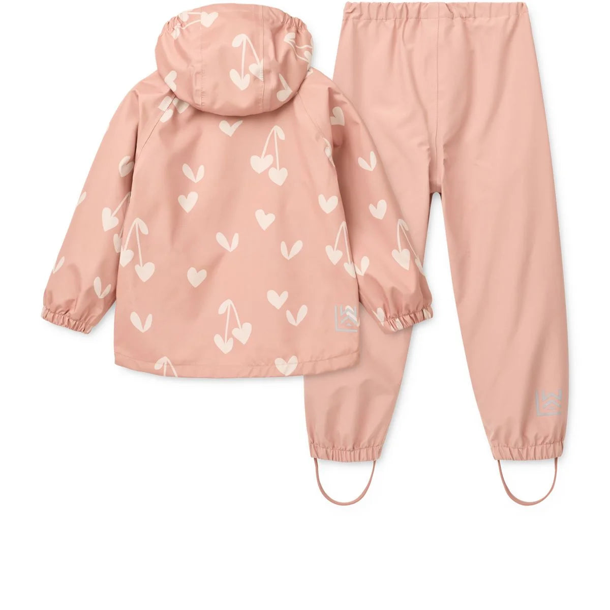 Liewood Regenbekleidungsset Pedia in pale tuscany mit rosa Anzug und Kirsch-Herz-Muster aus recyceltem Polyester