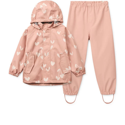 Liewood Regenbekleidungsset Pedia: Rosa Regenanzug mit Herz-Kirschblüten-Motiv aus recyceltem Polyester