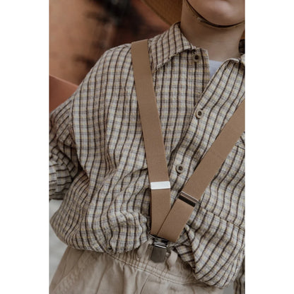 Retro V Braces in Sand Brown with a plaid shirt and suspenders displayed elegantly