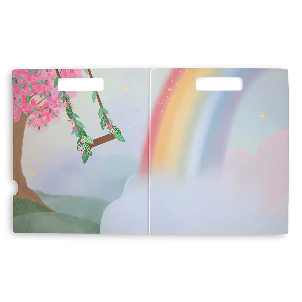 Pastellfarbens kinderbuch mit rosa kirschblütenbaum und regenbogen auf dem cover für wiederverwendbares sticker set feen