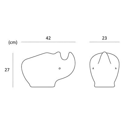 Minimalistisches schwarzlinien-rhinozeros-dekorobjekt in zwei perspektiven mit genauen maßangaben rhino lamp ocean white