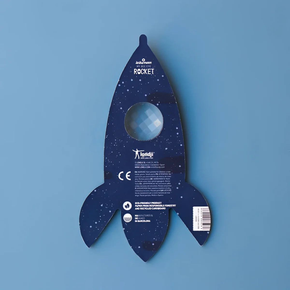 Blaue Pappe-Raketen-Wandlampe Rocket Bee Eye mit klarem, facettiertem Rundfenster