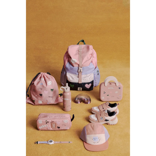 Pastellrosarucksack mit lavendelfarbenen streifen und herz- sowie katzengesicht-akzenten rory cap cats multi mix
