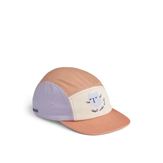 Pastellfarbene fünfteilige Rory Cap Cats Multi Mix mit Lavendel-, Beige- und Pfirsichtönen und Katzengesicht-Stickerei
