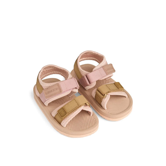 Ein Paar rosa und beiges Sandalen für Kleinkinder namens Sandalen Monty | Rose mix