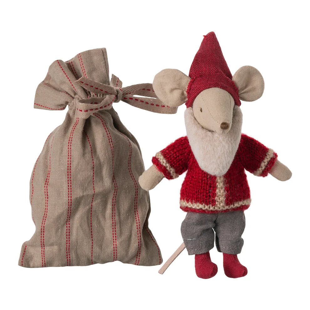 Plüschmaus-Spielzeug als Santa Claus mit Geschenktüte für das Produkt Santa Maus