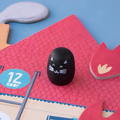 Schwarzes, ei-förmiges Objekt mit einem süßen Katzenkopf für Save the Cat Game