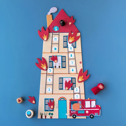 Bunt gestalteter Filz-Adventskalender mit brennendem Haus und Feuerwehrauto aus Save the Cat Game