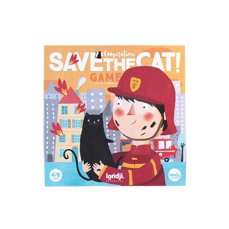 Spielverpackung von Save the Cat Game mit Feuerwehrmann, schwarzer Katze und brennendem Gebäude