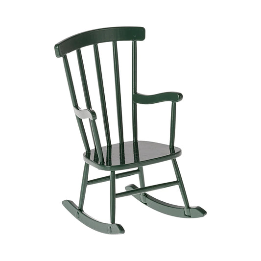 Dunkelgrüner Holz-Schaukelstuhl Maus mit klassischem Sprossenrücken und gebogenen Armen