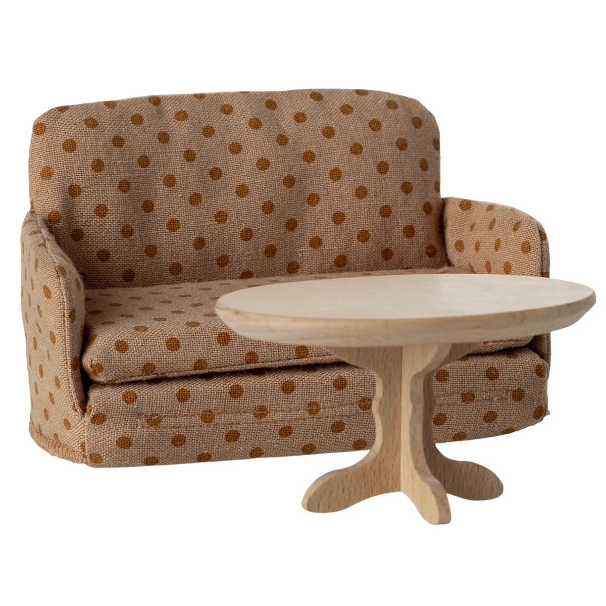 Schlafsofa Maus Punkte: Beiges Mini-Sofa mit Polkapunkten und passendem rundem Holztisch