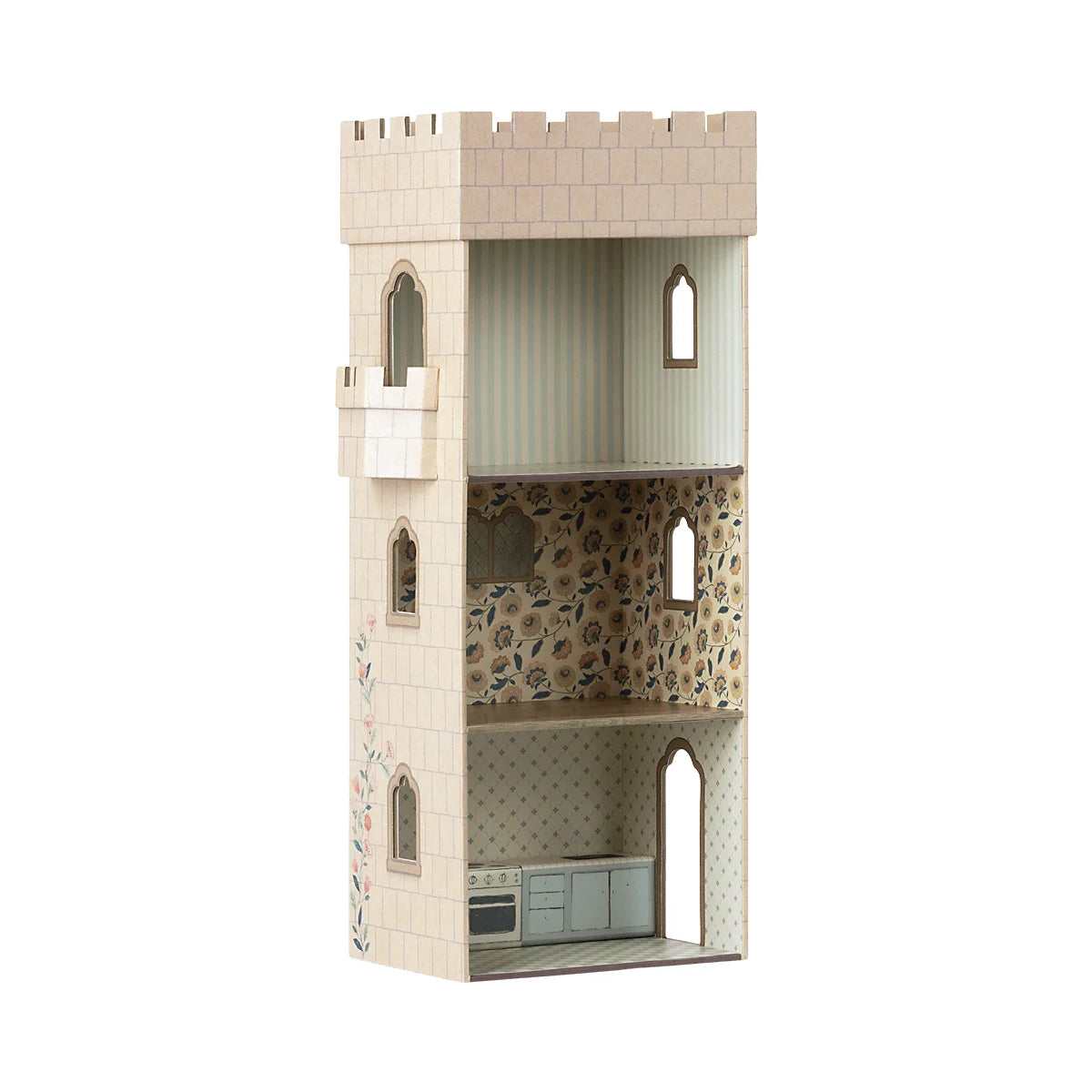 Miniatur-Schloss mit drei Etagen, Fensterdekoration und Zinnen im Spielzeugangebot