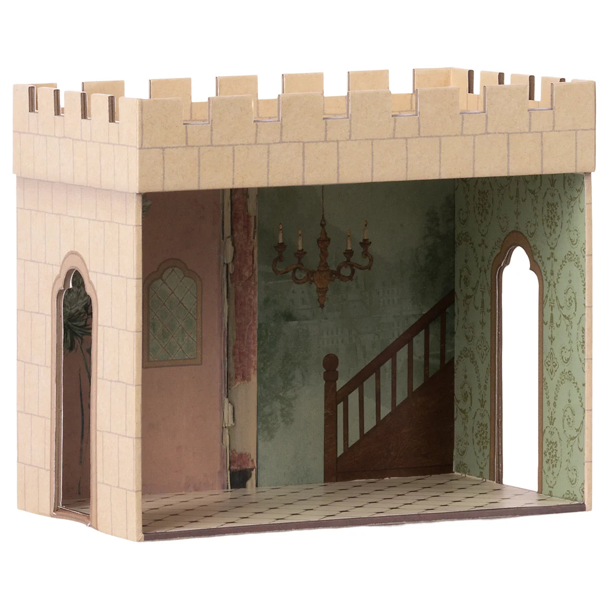 Beige Schloss-Puppenhaus Schlosssaal mit grünen und pinken Wänden