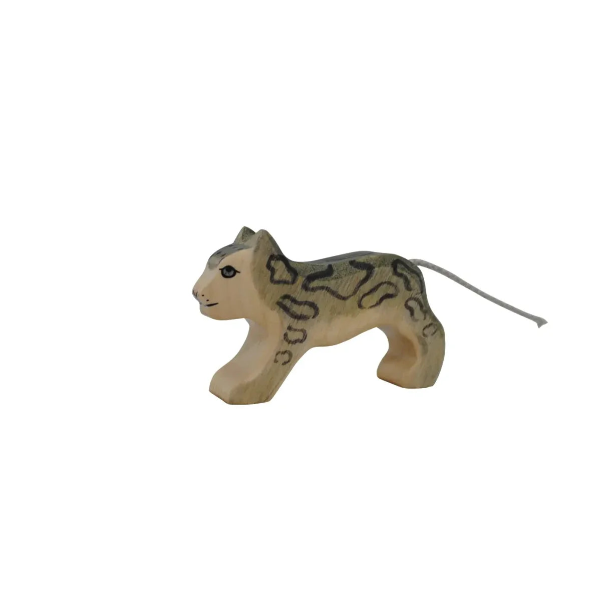 Gepflegtes Holzspielzeug Katze mit bemalten Flecken und Schnur, Schneeleopard klein