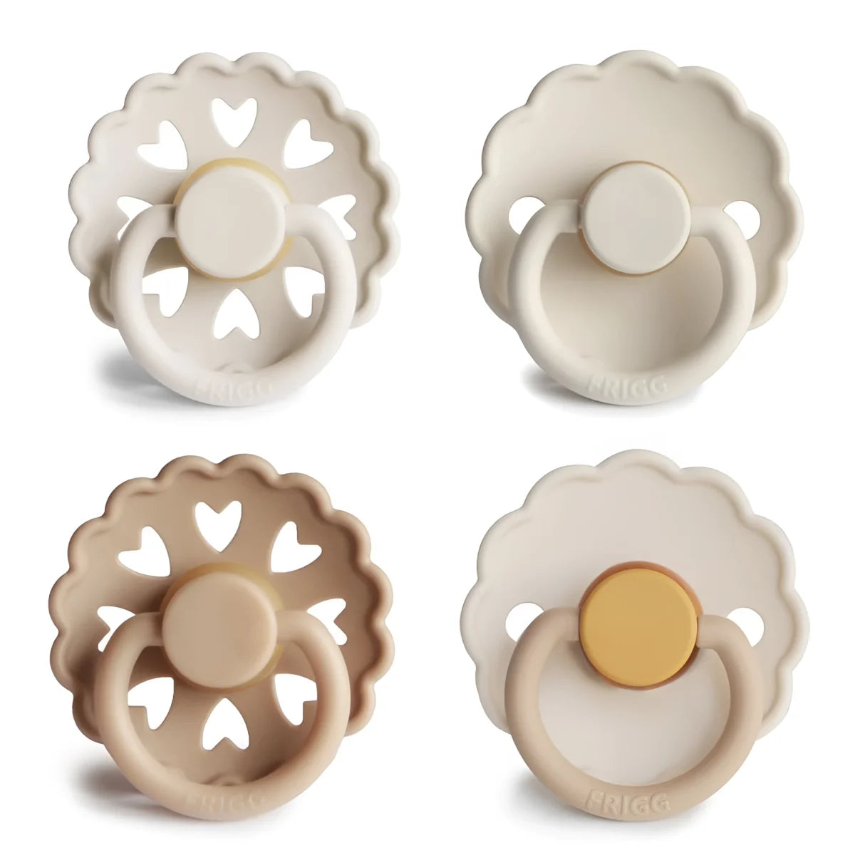 Beige und braune Silikon-Schnuller mit herzförmigen Ausschnitten und Ring, Snowflake Dream
