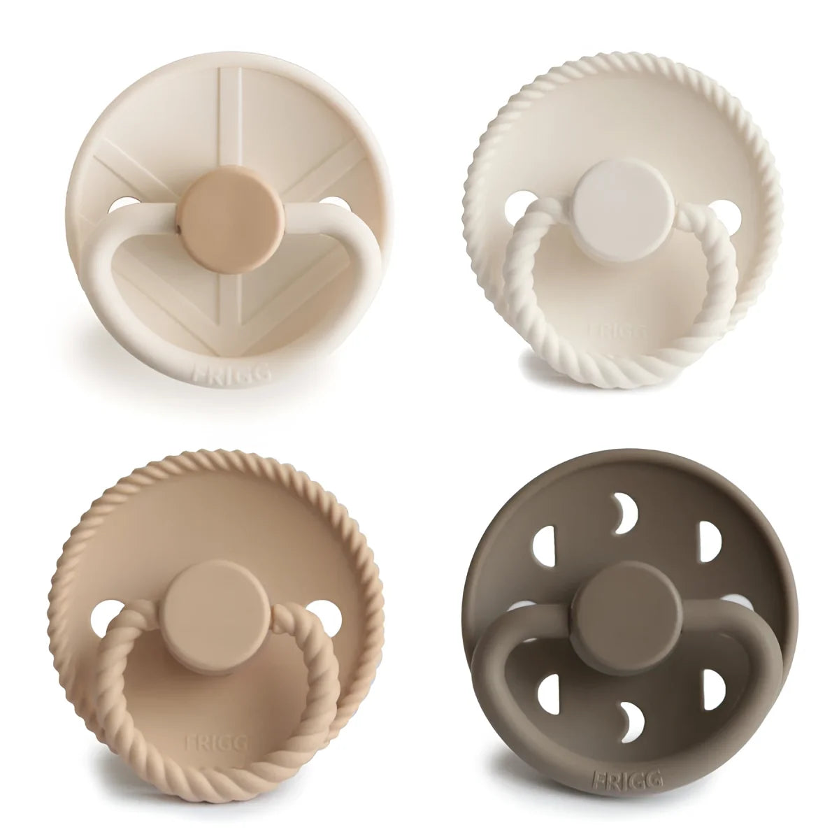 Set aus vier Schnullern in neutralen Farben und Designs für 6-18 Monate