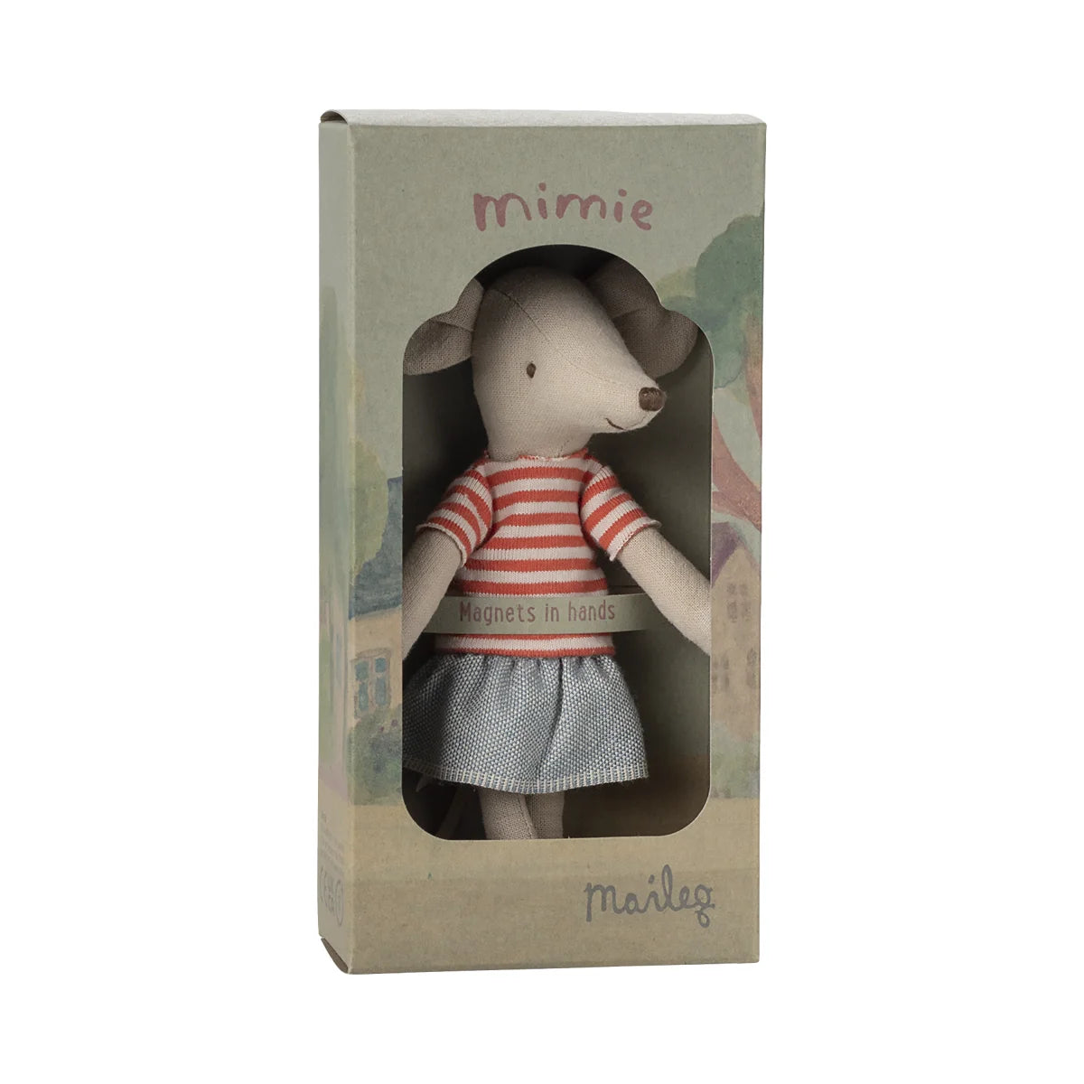 Mimie Maus-Puppe in rot-weiß gestreiftem Top und blauem Rock, Schwester Maus