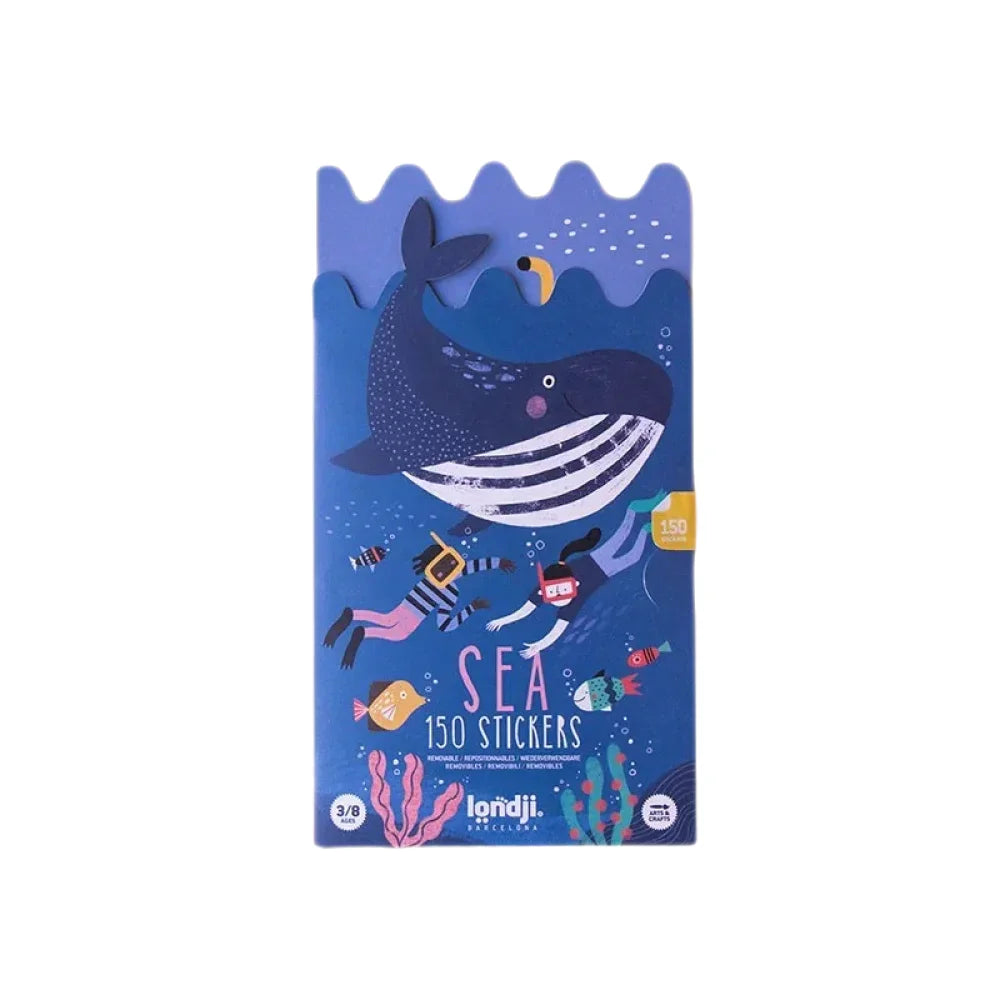 Stickerbuch mit Unterwasser-Thema, Walfisch und Taucher auf dem Cover von Sea Stickers