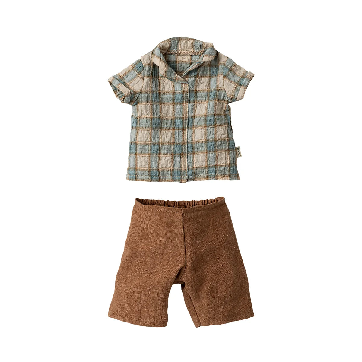 Gestepptes kurzärmliges Hemd Grösse 3 in sanftem Blau-Creme kariert mit braunen strukturierten Shorts
