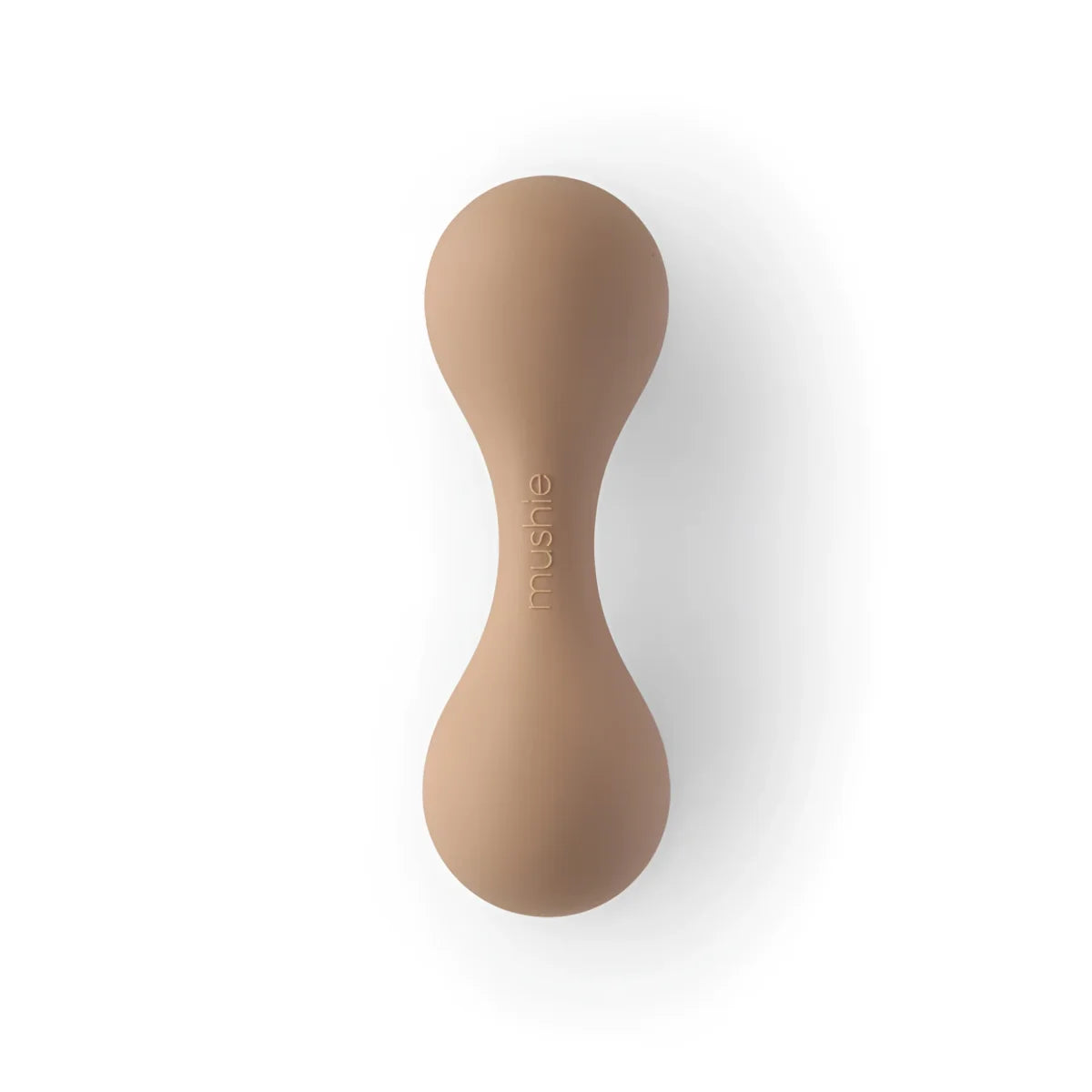Beige Silikon Baby Rassel in Hantelform, ergonomisch und glatt
