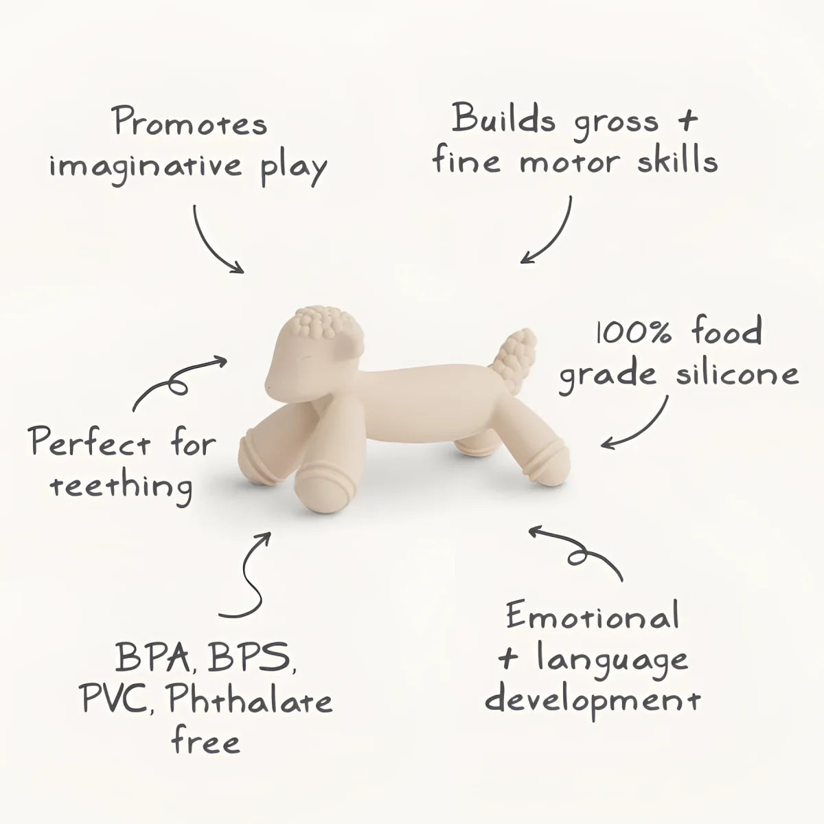 Beige Silikonspielzeug in Form eines Hundes auf Rädern, Silikon Lamm Beisstier