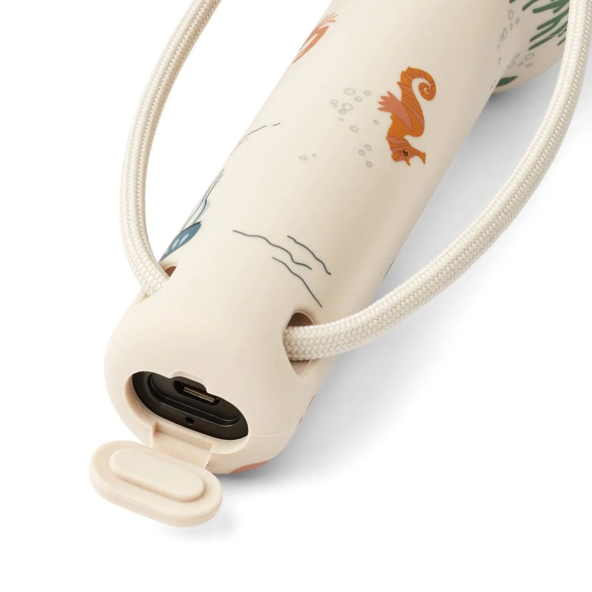 Cremefarbene Wasserflasche mit Tiermuster und Seilgriff von Silikontaschenlampe Gry