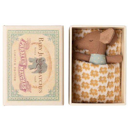 Maileg Sleepy wakey Baby Maus in Streichholzschachtel in Blau