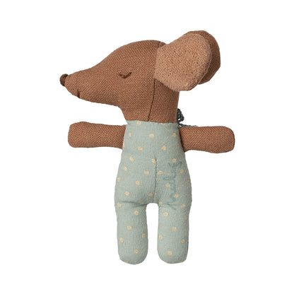 Braune Stoffmaus-Spielzeug in blauen Polka-Dot-Overalls, Sleepy Wakey Baby Maus in Streichholzschachtel Blau