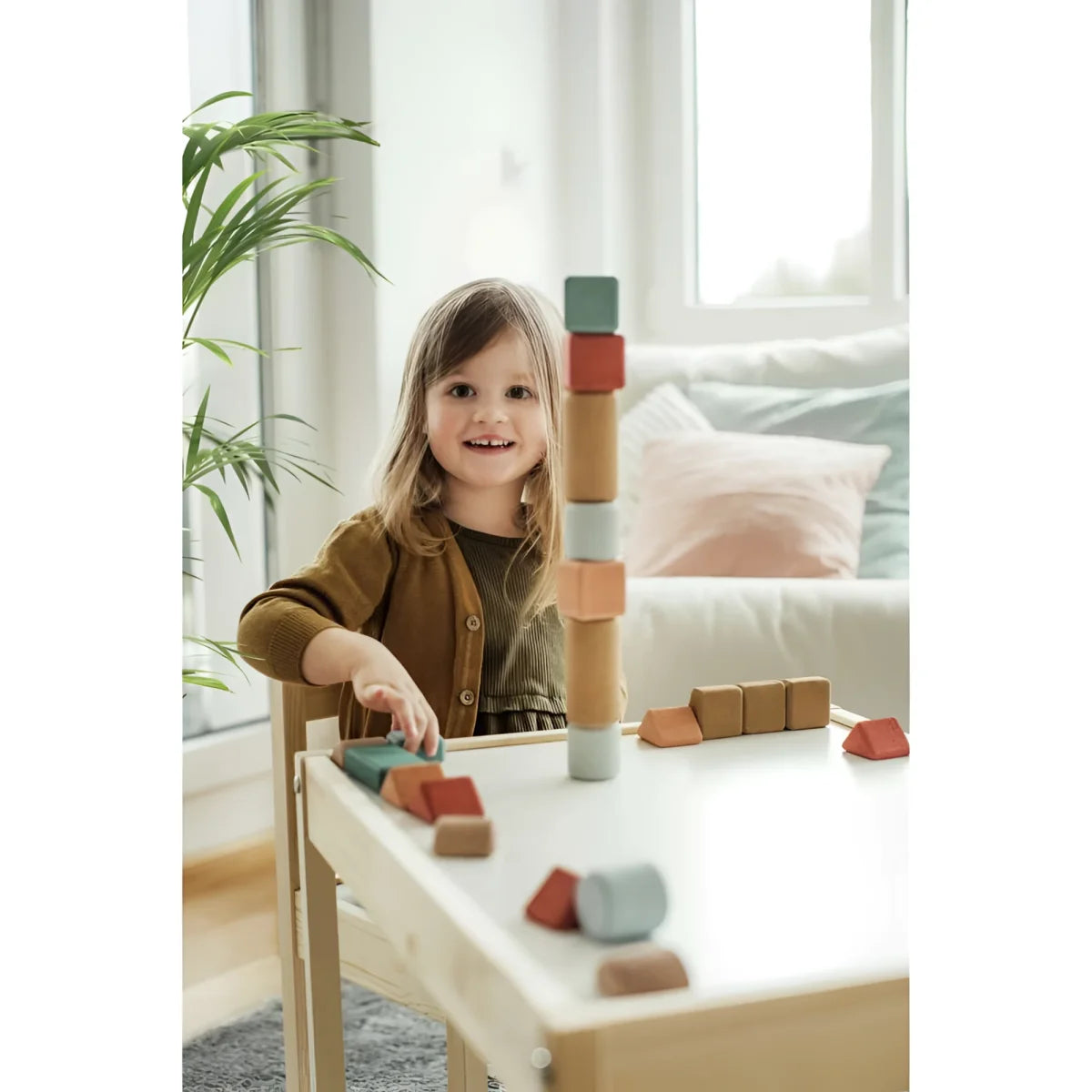 Kind spielt mit bunten Holzbausteinen auf einem Tisch, Small Architects 20 Korkbausteine