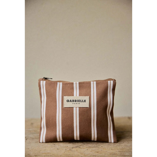 Small Pouch Noisette Stripes: kleine beige-braun-weiss gestreifte Canvas-Pouch mit Gabrielle Paris Label