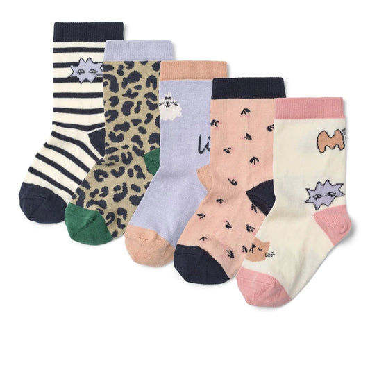 Set aus fünf verspielten Silas Knöchelsocken Mood Mix mit Katzenmustern in Pastell- und Neutralfarben