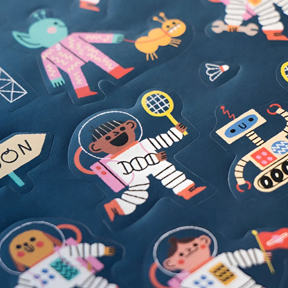 Cartoon Astronaut Sticker surrounded by various Space-Themed Stickers for Space Stickers