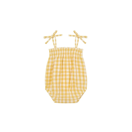 Gelb-weisser Gingham Baby-Romper mit gebundenen Schulterträgern, Spaghetti Bodysuit Honeycomb Gingham