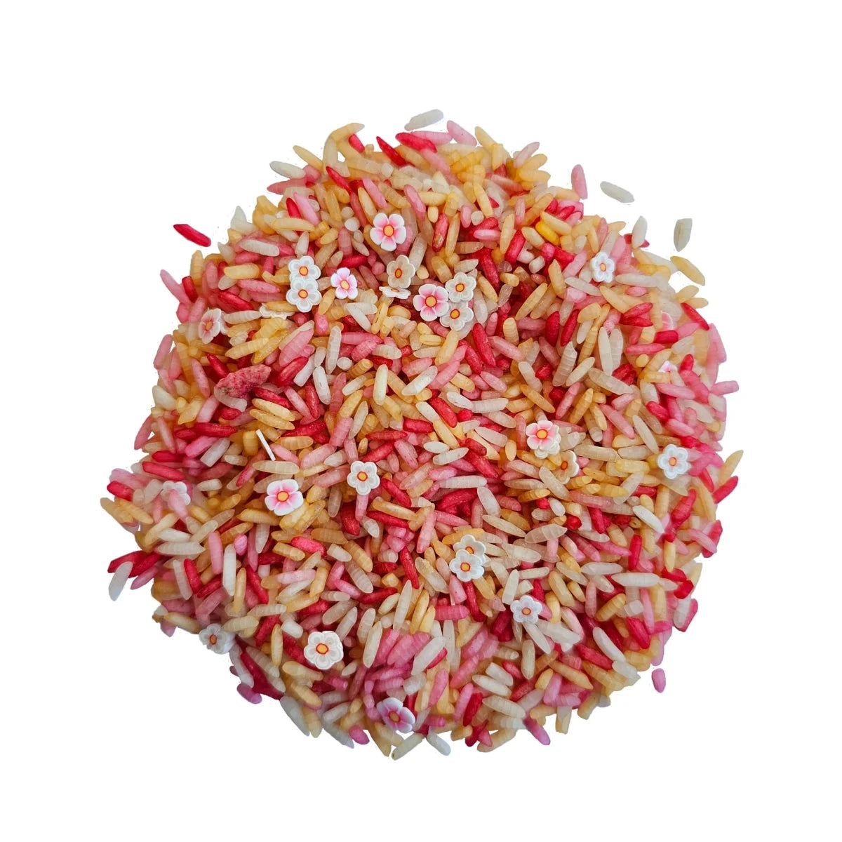 Spielreis-Mischung Pink Flower Mix mit buntem Reis und kleinen weissen sowie rosa blütenförmigen Dekorationen