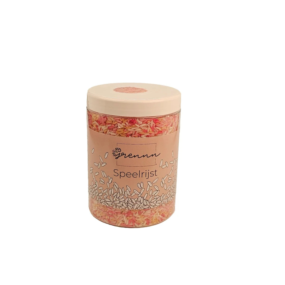 Ein klarer zylinderbehälter mit beigem deckel und etikett gefüllt mit buntem rosa und weißem spielreis-mischung pink flower