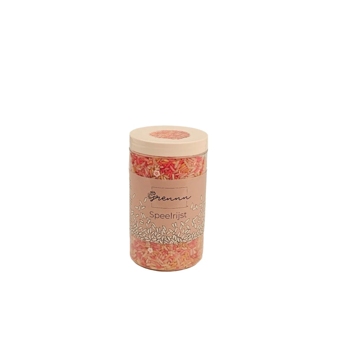 Ein klarer zylinderbehälter mit beige deckel und etikett, gefüllt mit rosa und oranger spielreis mischung pink flower mix