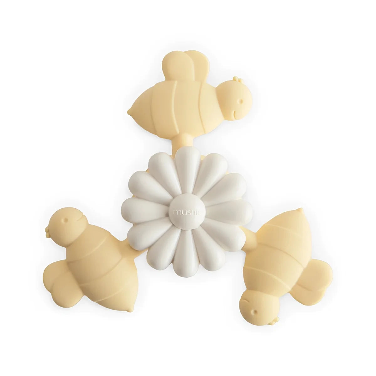 Spielzeug Saugnapf-Spinner Bee aus cremefarbenem Silikon mit weisser Blume und bienenförmigen Anhängern