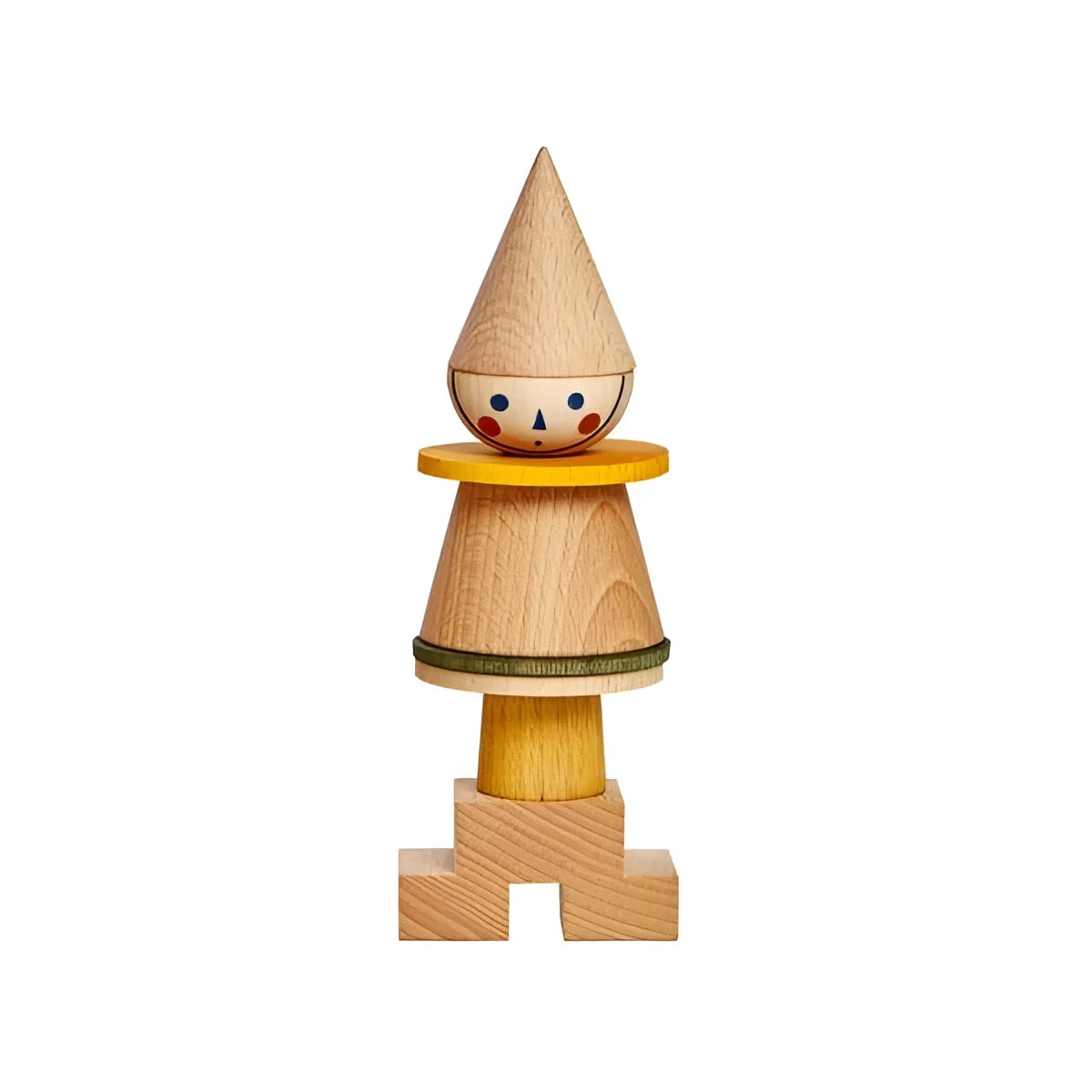 Stapelspielzeug Stick Fig No. 01 aus Holz mit Kegelhut in Gelb und Grün