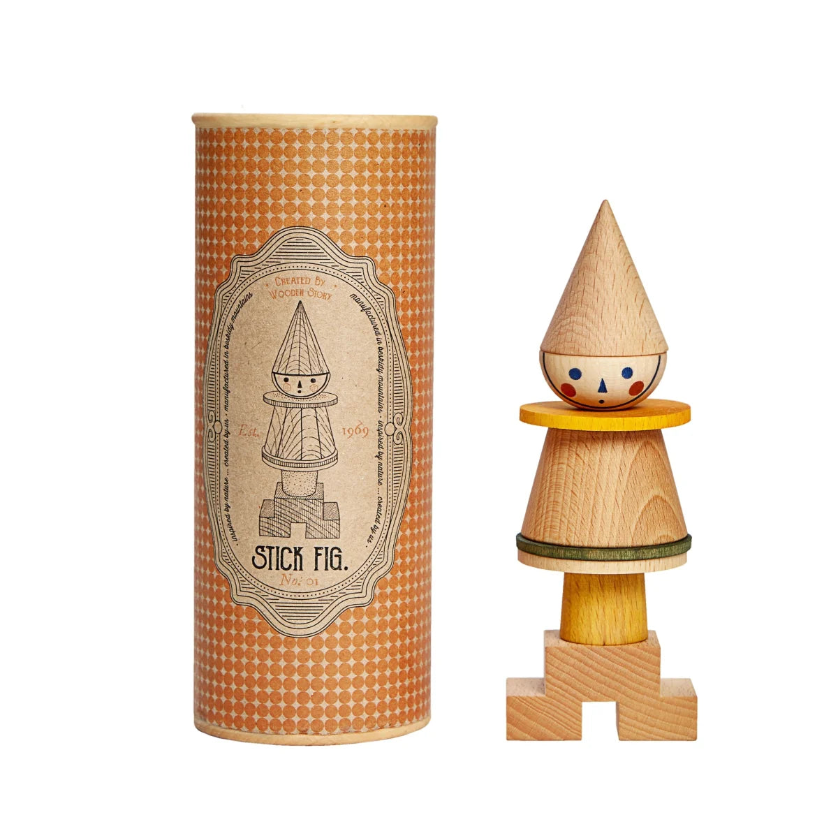 Ein nachhaltiges holz stapelspielzeug stick fig no01 mit blau rot bemalten gesichtern für ökologische baby kinderprodukte