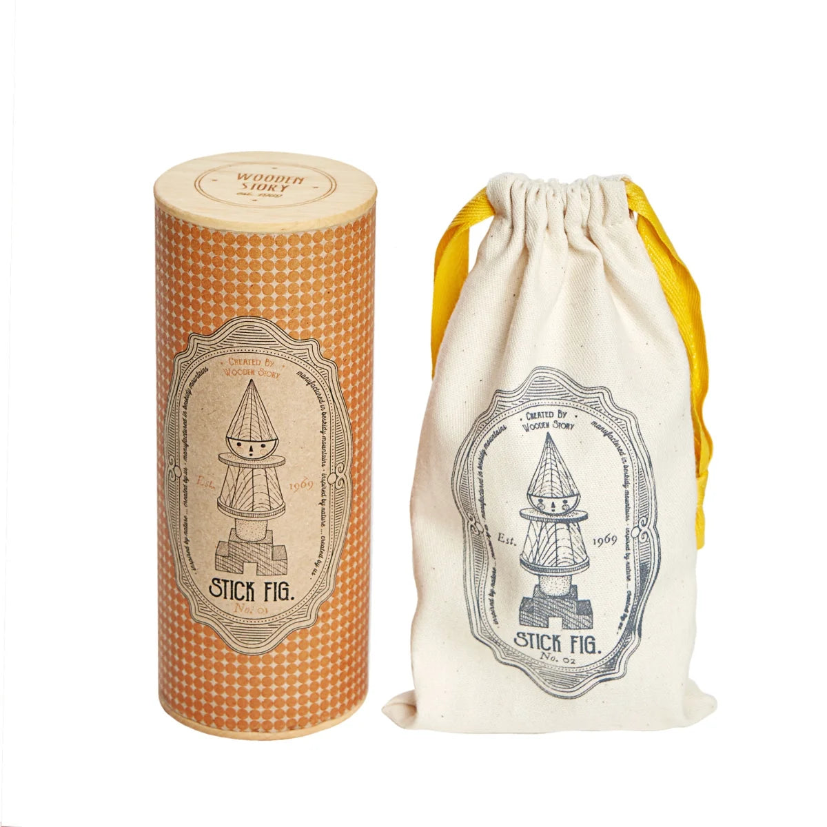 Beige zylindrische tube mit orange gepunktetem muster und creamfarbener kordeltasche mit schwarzen stick fig illustrationen