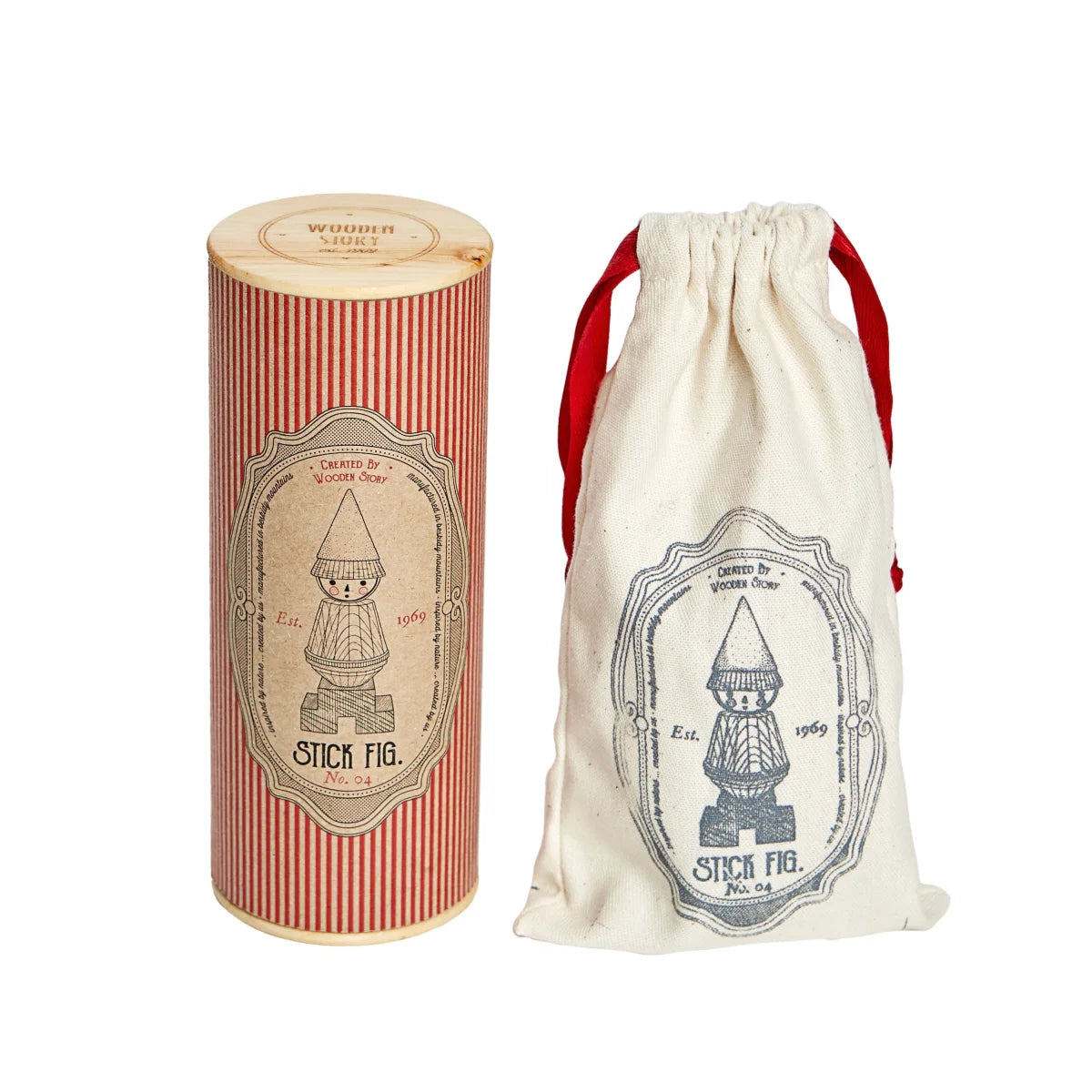 Ein vintage zylindrischer holzbehälter mit roten streifen und naturholzdeckel fürs stacking toy stick fig nr 04 nachhaltige