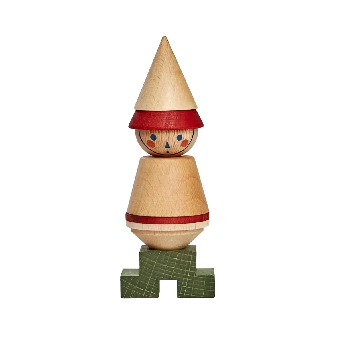 Hölzernes Stacking Toy Stick Fig No. 04 mit spitzem Hut und grünem Blockfuss